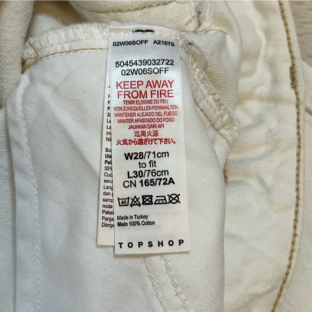 Top Shop | White High Rise Denim 5 pocket, beige stitching Mom Jean Size 28 - Picture 11 of 14
